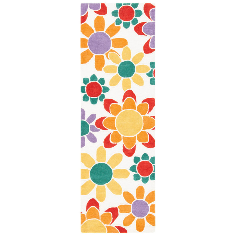 Tapis rouge / orange / vert en laine touffeté à la main Asfrith, Tapis de couloir 2 pi 6 po x 8 pi