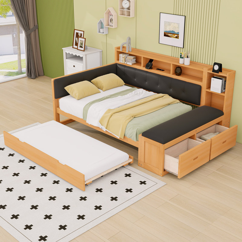 Lit de jour avec couchette, tablettes de rangement, banc et station de charge, Noir naturel