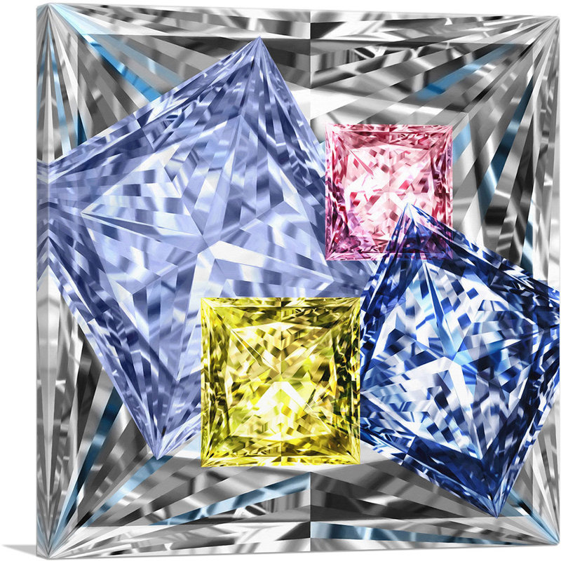 Blanc, gris, mauve, jaune, princesse, diamant, bijou sur toile tendue, H 12 po x l 12 po x P 0,75 po