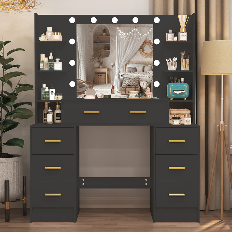 Vanity Table With Mirror And Lights, Vanity Desk With 6 Shelves, 7 Drawers With Golden Handle, Makeup Vanity For Bedroom