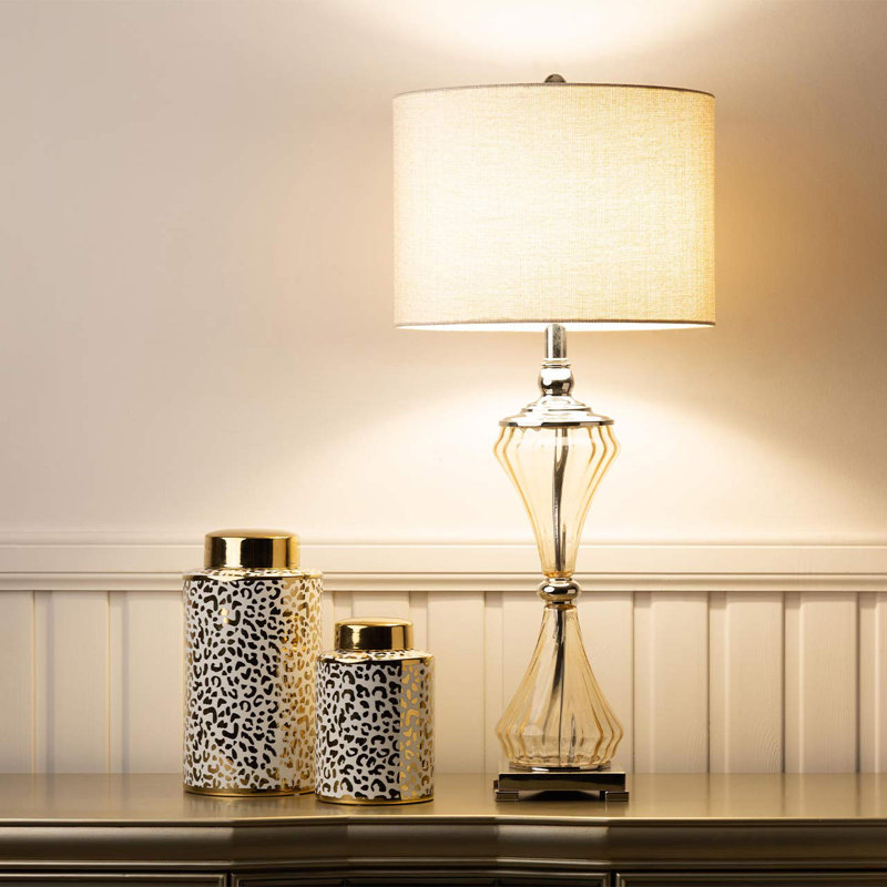 82cm Living Room Table Lamp with Glass Base, Bedside Buffet Lamp with Linen Shade