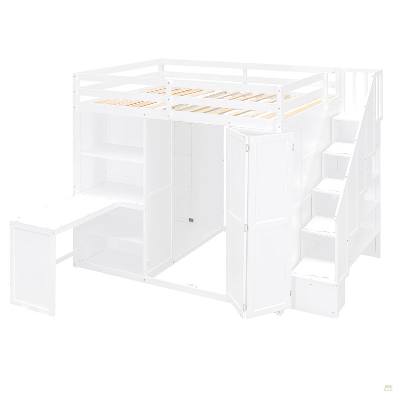 Lit mezzanine double avec garde-robe, bureau et tablettes, Blanc