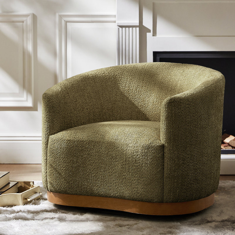 Berklie 31.5"W Modern Boucle Chenille Swivel Barrel Armchair with Ergonomic Backrest and Solid Wood Legs, Moss