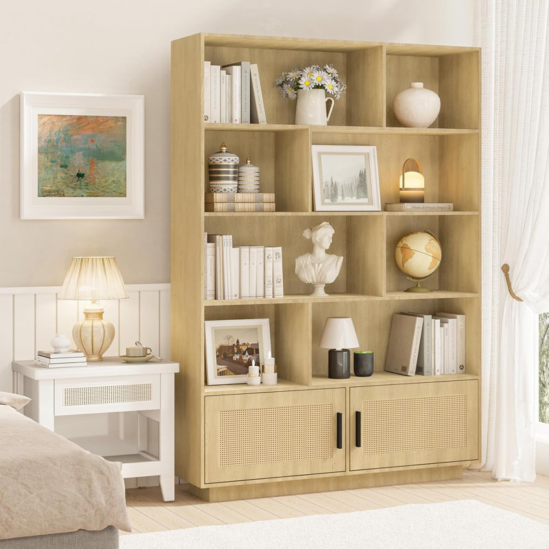 5-Tier Bookshelf, Boho Bookcase with Rattan Doors, Wooden Bookcase and Bookshelf with Storage,for Bedroom,Living Room