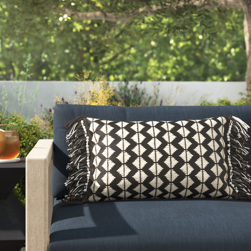 Senda Fringed Outdoor Throw Pillow, Black/Ivory, Pillow Cover Only - No Insert