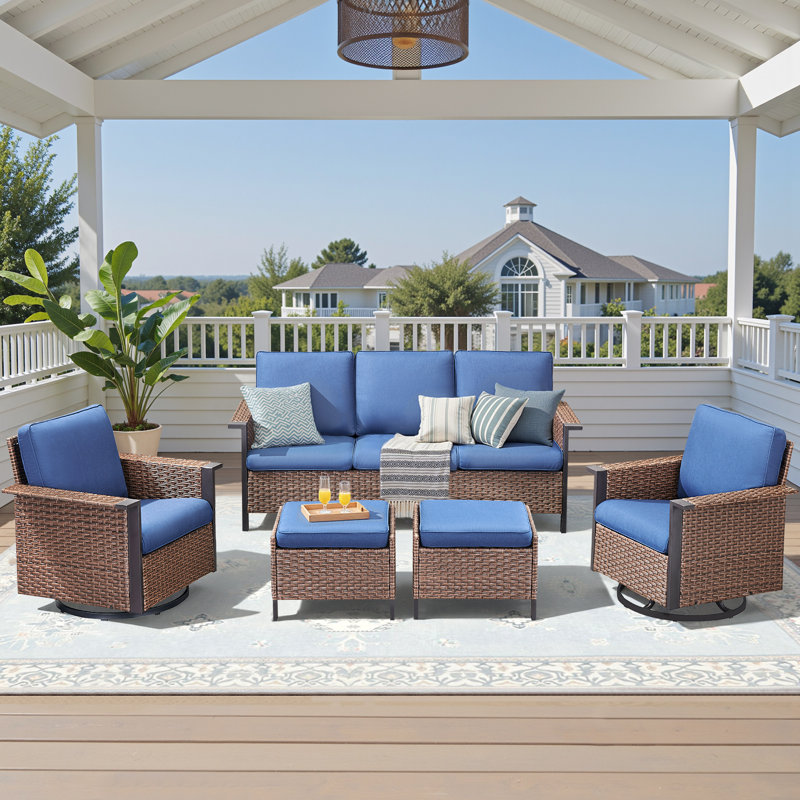Coady All-Weather Wicker Outdoor Patio Wide Armrest Sofa Conversation Set With Swivel Chairs, Blue, Brown