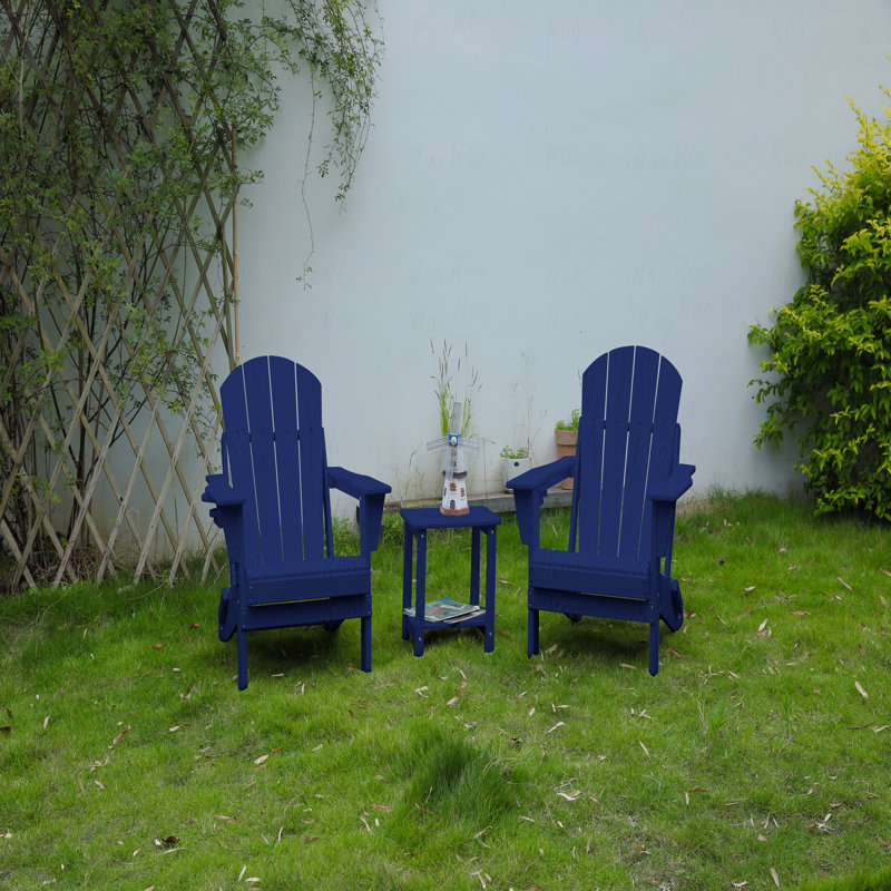 Folding Adirondack Chair With Side Table, 3-Piece Adirondack Chair Set With Wooden Texture, Blue