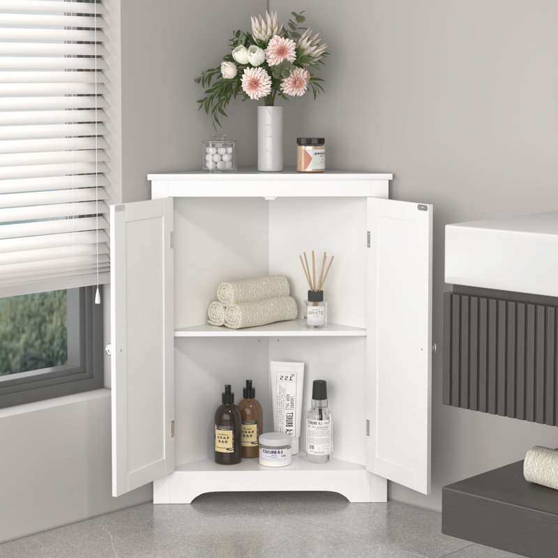 Floor Corner Cabinet With 2 Doors And Adjustable Shelves, For Bathroom, Kitchen, Living Room, Or Bedroom, White