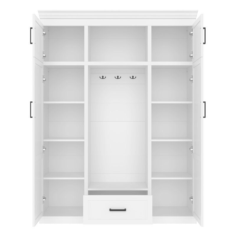 Arbre d'entrée avec banc, crochets et rangement, rangement pour hall d'entrée moderne avec 4 portes, 1 tiroir et tablettes réglables pour une gestion efficace de l'espace.