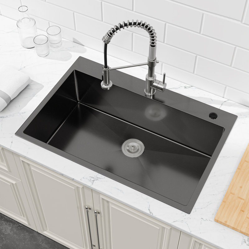 Évier de cuisine encastrable 33 po x 22 po en acier inoxydable noir - Évier supérieur à simple cuve de calibre 16 avec bonde et crochets américains