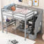 Lit mezzanine double avec bureau en L et tiroirs, armoire et escalier de rangement, gris