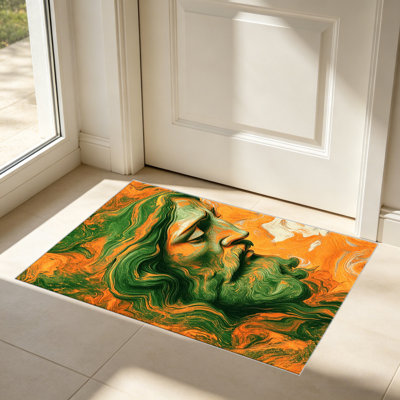 Tapis vert / orange / marbre pour le salon, doux et confortable, convient à toutes les saisons, facile à entretenir, tapis de sol intérieur lavable à la machine, sous la table de ferme convenant à la chambre à coucher, à la salle à manger, au bureau, au patio, au balcon, à la maison