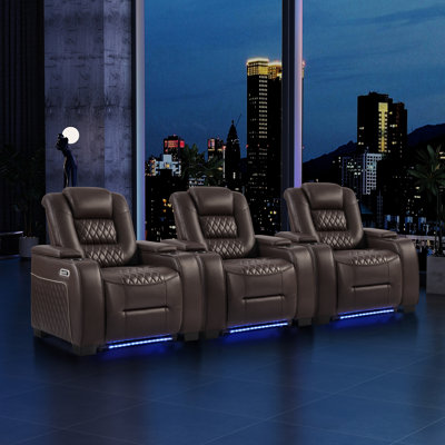 Siège de cinéma inclinable électrique de 38 po de large en similicuir avec appui-tête électrique, éclairage à DEL, porte-gobelets et recharge USB (ensemble de 3)