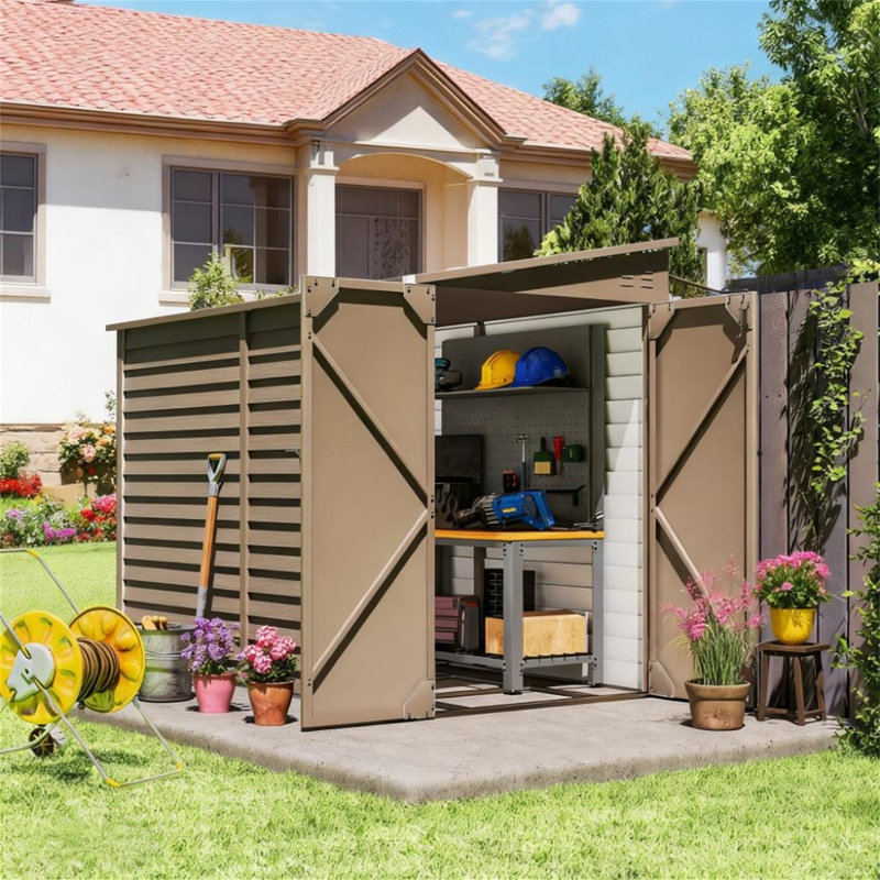 Sh Remise de rangement extérieure en métal brun With - Avec trousse de fondation, portes verrouillables pour patio, pelouse et jardin