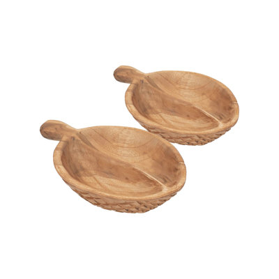 Teak Wood Decorative Bowl With Handle - Set of 2 - 9" x 6" x 3" - Brown