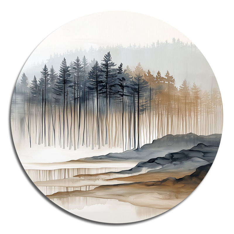 Forêt brumeuse de conifères I - Décoration murale ronde en métal représentant des pins, 16" H x 16" W