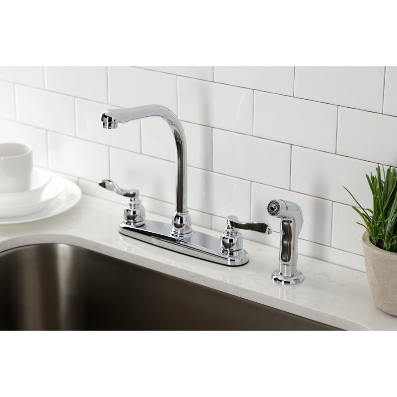 Kingston Brass NuWave French Two-Handle 4-Hole 8" Centerset Kitchen Faucet with Side Sprayer, Polished Chrome