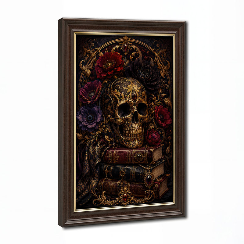 Toile dorée crâne doré avec fleurs rouges et livres anciens, H 18 po x l 12 po