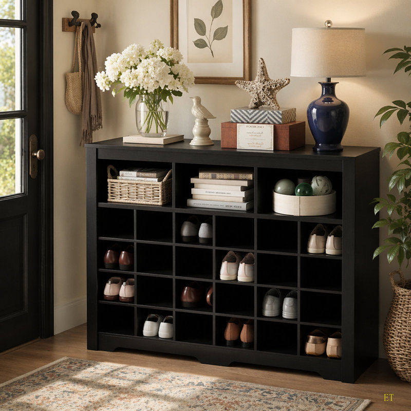 Console élégante à 24 casiers, armoire à chaussures moderne avec base incurvée, buffet polyvalent de haute qualité pour le couloir, la chambre à coucher et le salon