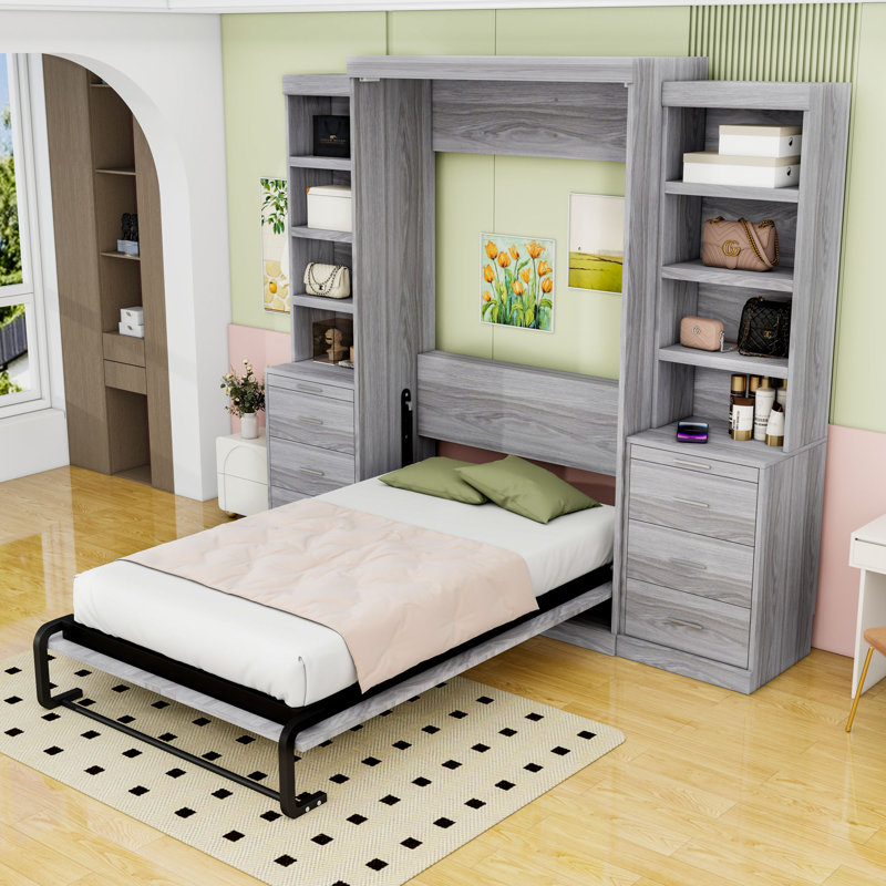 Lit escamotable double en bois avec tablettes de rangement et tiroirs