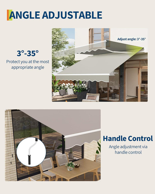 12'x10' Manual Retractable Awning with Crank Handle, Waterproof PU-Coated Polyester, Aluminum Frame for Deck, Patio, Porch, Balcony
