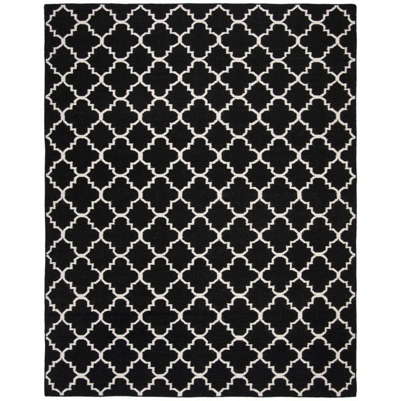 Rodgers Hand Woven Flat Weave Wool/Cotton Geometric Rug in Ivory/Black, Rectangle 9' x 12'