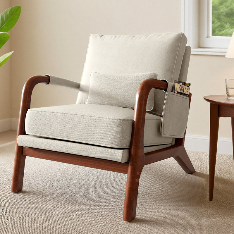 Mid Century Solid Wood Accent Chair Upholstered Armchair with Pillow and  storage Bag, Beige Linen
