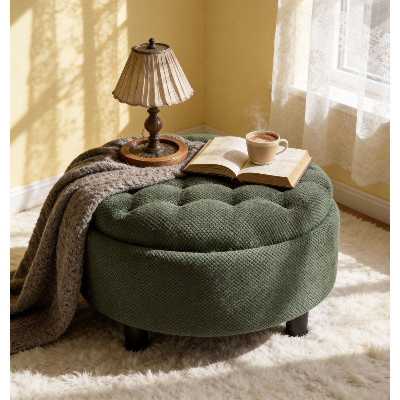 63.5cm Wide Round No Pattern Footstool Ottoman, Dark Green