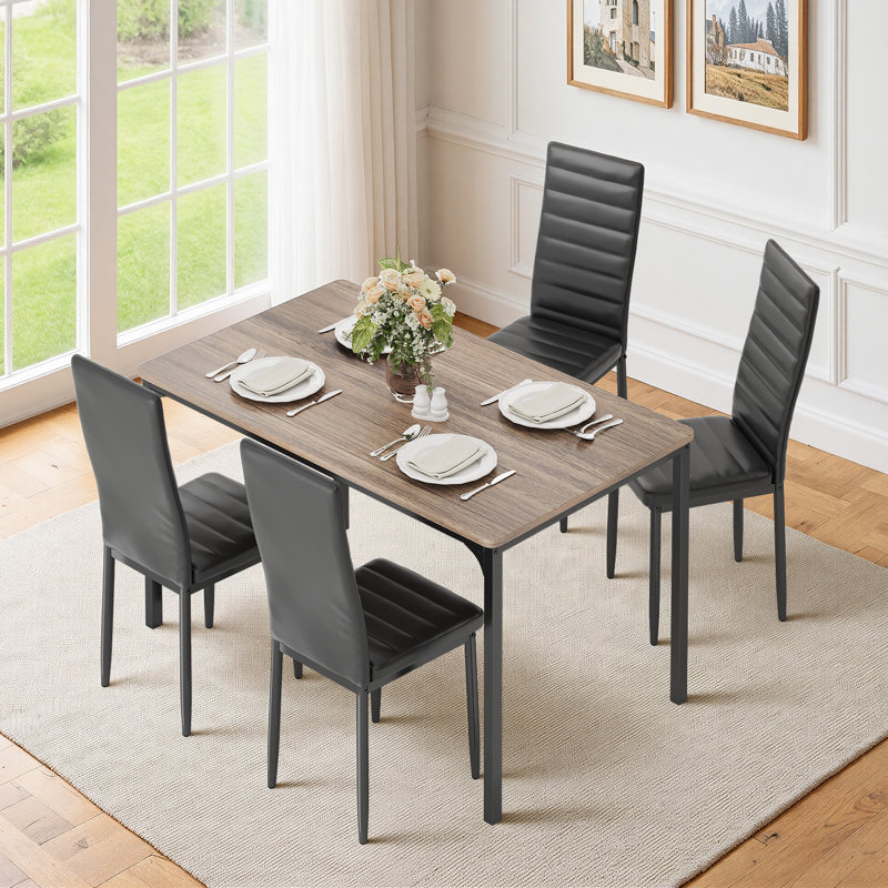 4-Person Dining Table Set with Solid Wood tabletop and Cushioned Chairs, Gray