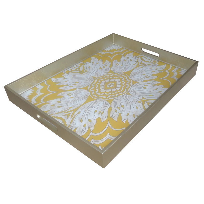 Reverse Painted Mirror Vanity Tray, Medium (2.6" H x 11" W x 15.8" L), Yellow