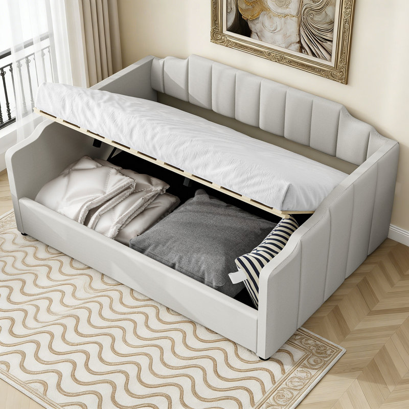Lit de jour double rembourré avec rangement inférieur - Tissu beige, conception peu encombrante, fonction canapé-lit