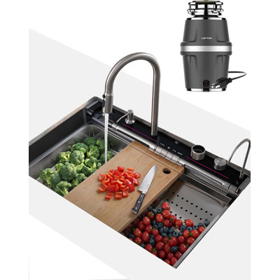 Lefton 33"x22" Single Bowl Waterfall Stainless Steel Kitchen Sink Ks2207l-pro With 3/4 Hp Continuous Feed Garbage Disposal Lgd-714