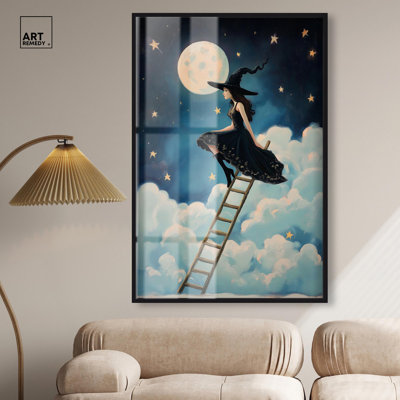 Witch on a Ladder Shadowbox Print Halloween Wall Decor by Art Remedy, Black Frame, 36 x 54