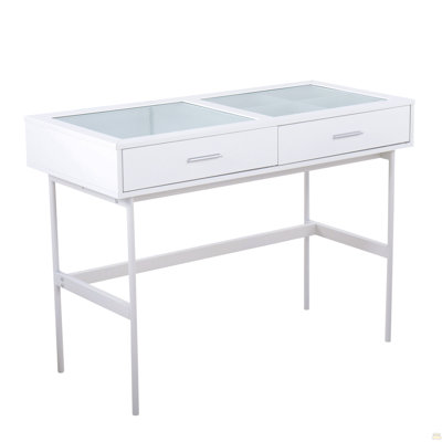 Console contemporaine en bois blanc, acier blanc et plateau en verre