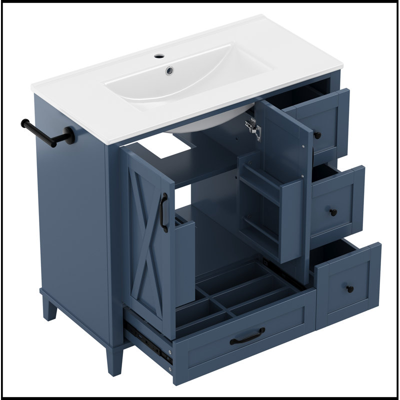 Meuble-lavabo de salle de bain avec lavabo, 4 tiroirs de rangement, tablettes de porte et tablette réglable, Navy Blue