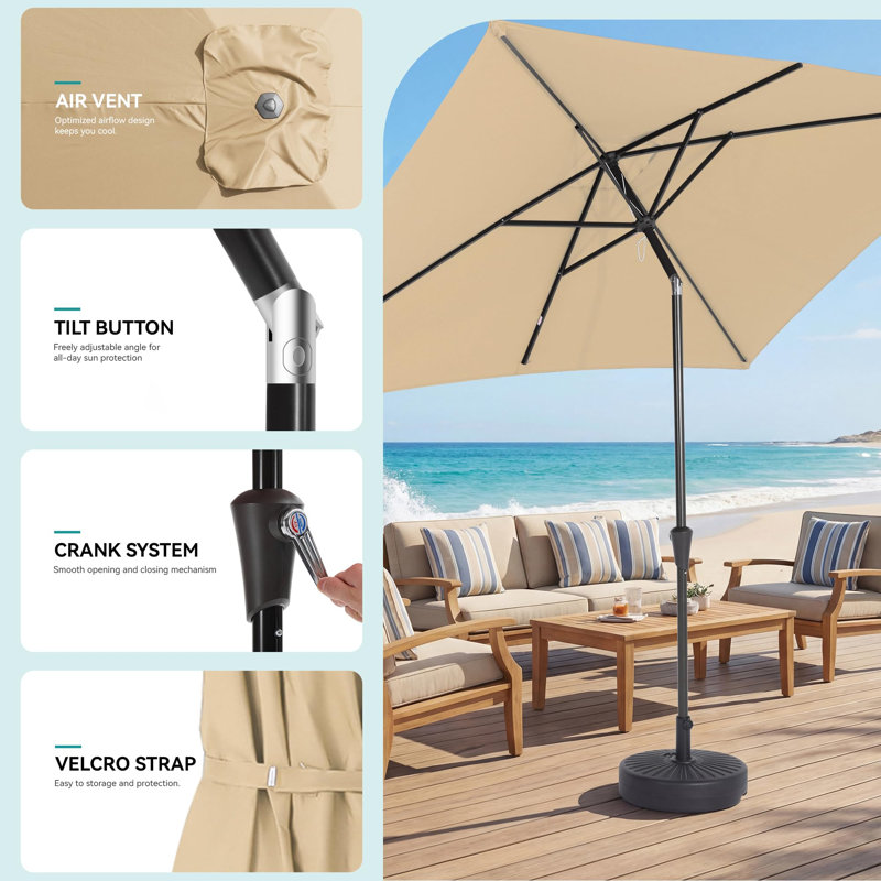 Parasol de patio rectangulaire, parasol de table rectangulaire 6,5 x 10 pi avec nervures robustes, Beige