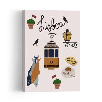 Délices du tramway de Lisbonne - Affiche murale classique, abstraite et contemporaine représentant un oiseau, un poisson et une plante urbaine