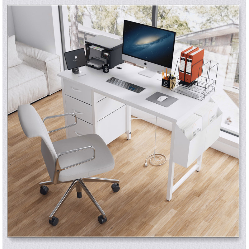 47.3"office desk with power outlet,3 drawers,Side Pocket, Study Desk Easy to Assemble,Frame stability Reversible for home desk, company computer desk, game table,Vanity table