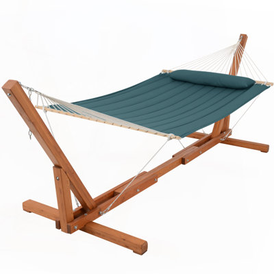 Quilted Double 2-Person Hammock With 12-14 Foot Adjustable Wooden Hammock Stand