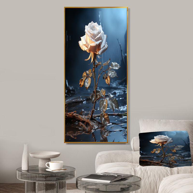 «Moonlit Flower Serenity Blooms III - Rose», art mural, Cadre flottant doré, 40" H x 30" W