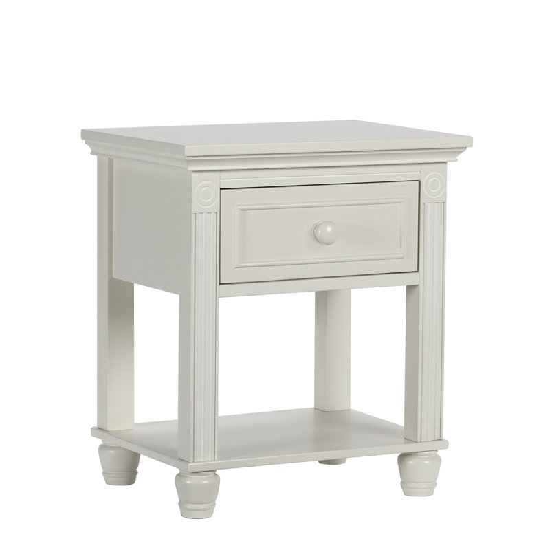 Glazed White Wood Nightstand with Single Drawer and Bottom Shelf
