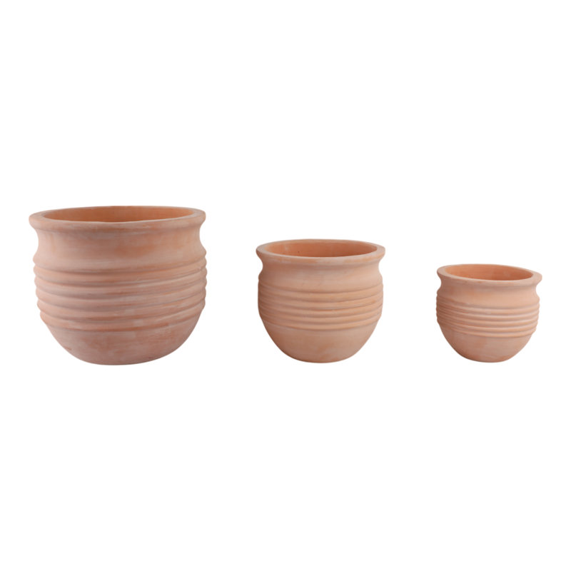 Set Of 3 Pottery And Clay Planters With Ribbed Design Crafted From Durable Earthenware Material For Decorative Functional Appeal In Versatile Rounded Silhouette Ideal For Indoor Or Outdoor Display