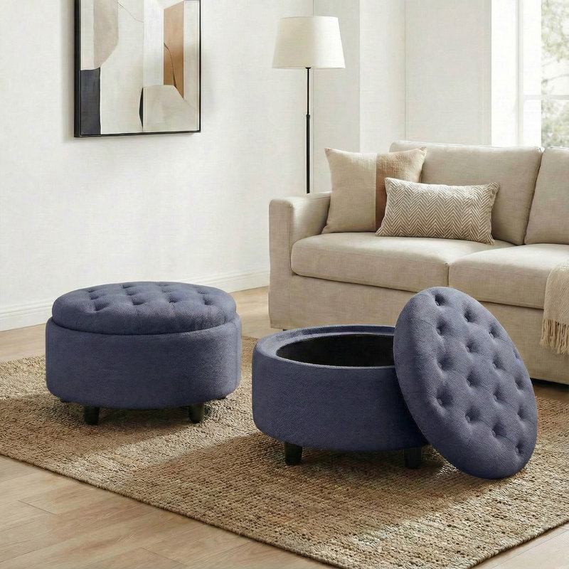 25'' Upholstered Round Storage Ottoman with Tufted Cushion, Blue