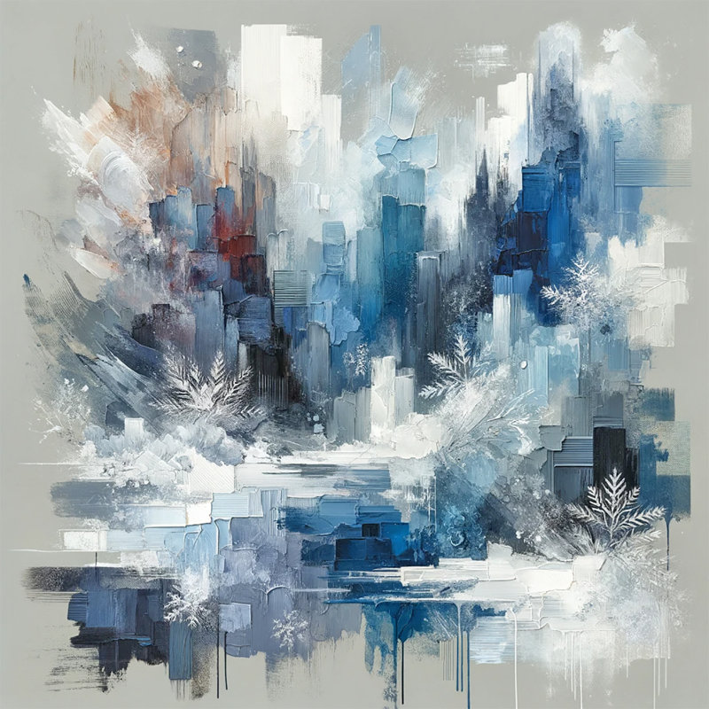 «Frosted Metropolis: Abstract Empasto Cityscape with Winter Motifs» sur toile, H 30 po x l 30 po x P 1,5 po
