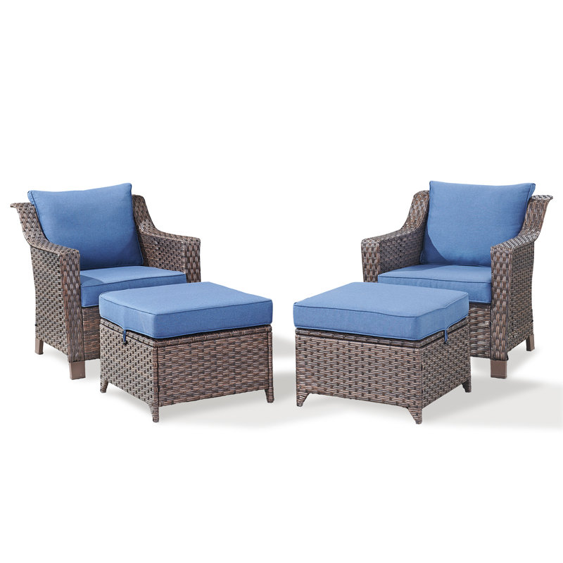 Chaises longues d'extérieur en rotin avec coussins et repose-pieds Tya, Bleu