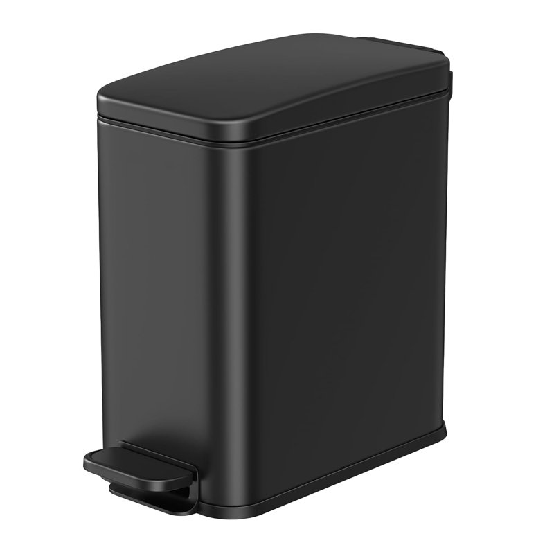 Slim Black Stainless Steel Rectangular Trash Can with Pedal