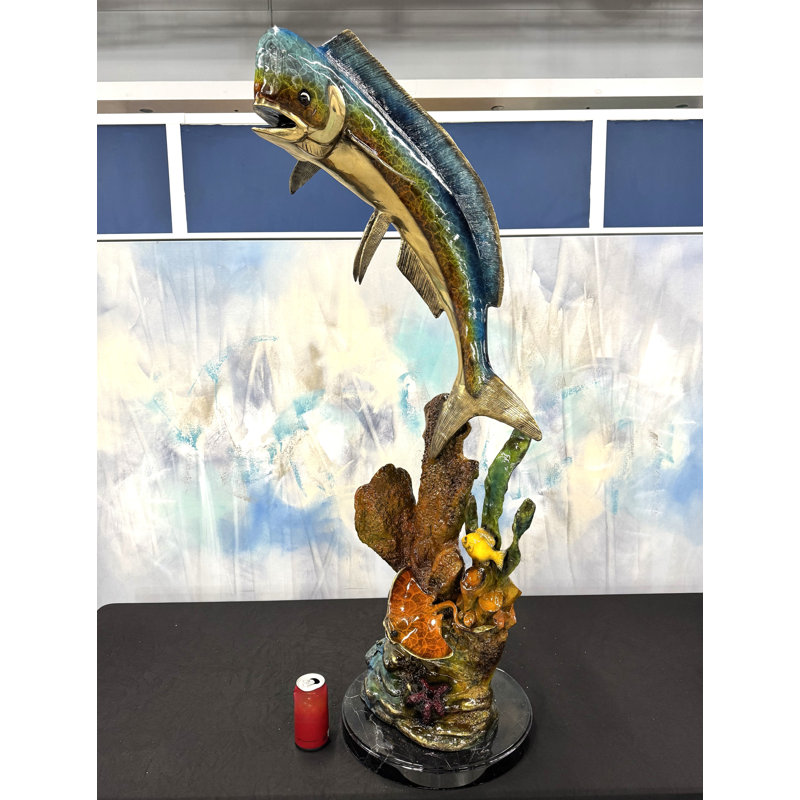 Sculptures & Beyond Mahi Mahi (Dorado) with Coral Cast Bronze Sculpture – Lost-Wax Bronze with Hand-Applied Patina on Black Marble Base – Coastal & Nautical Decorative Art for Home, Garden, Poolside & Outdoor Décor – Emerald Triumph – 50"H