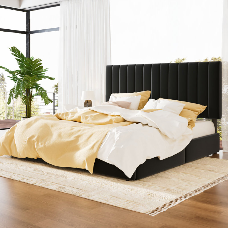4-Drawer Velvet Upholstered Storage Platform Bed with Adjustable Headboard, Black, King