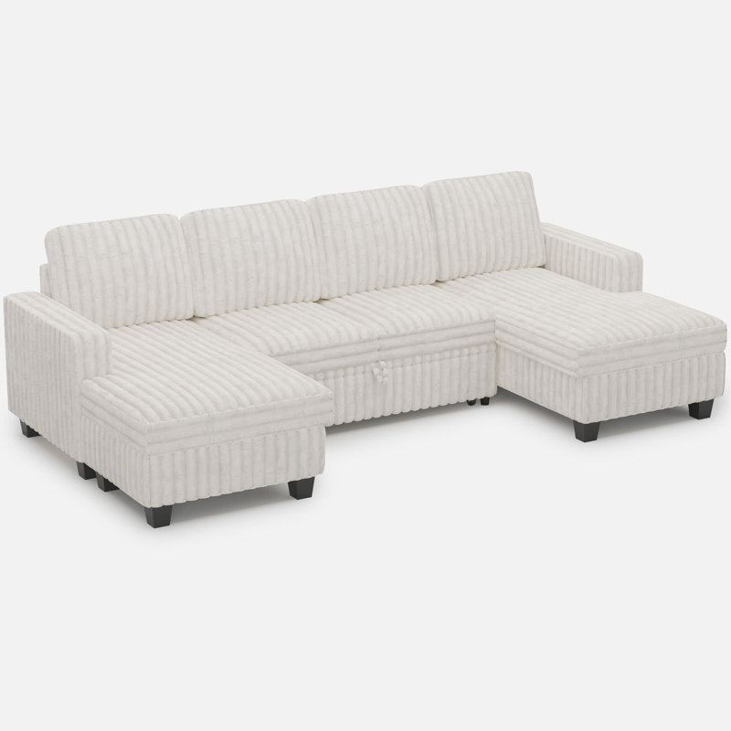 Faux Rabbit Fur Modular Sofa Couch With Pull-Out Bed, Beige Faux Fur