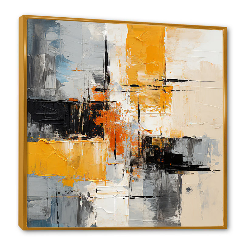 «Gray and Yellow Paint Elegance II», art mural abstrait, Cadre flottant doré, H 36 po x l 36 po x P 1,5 po